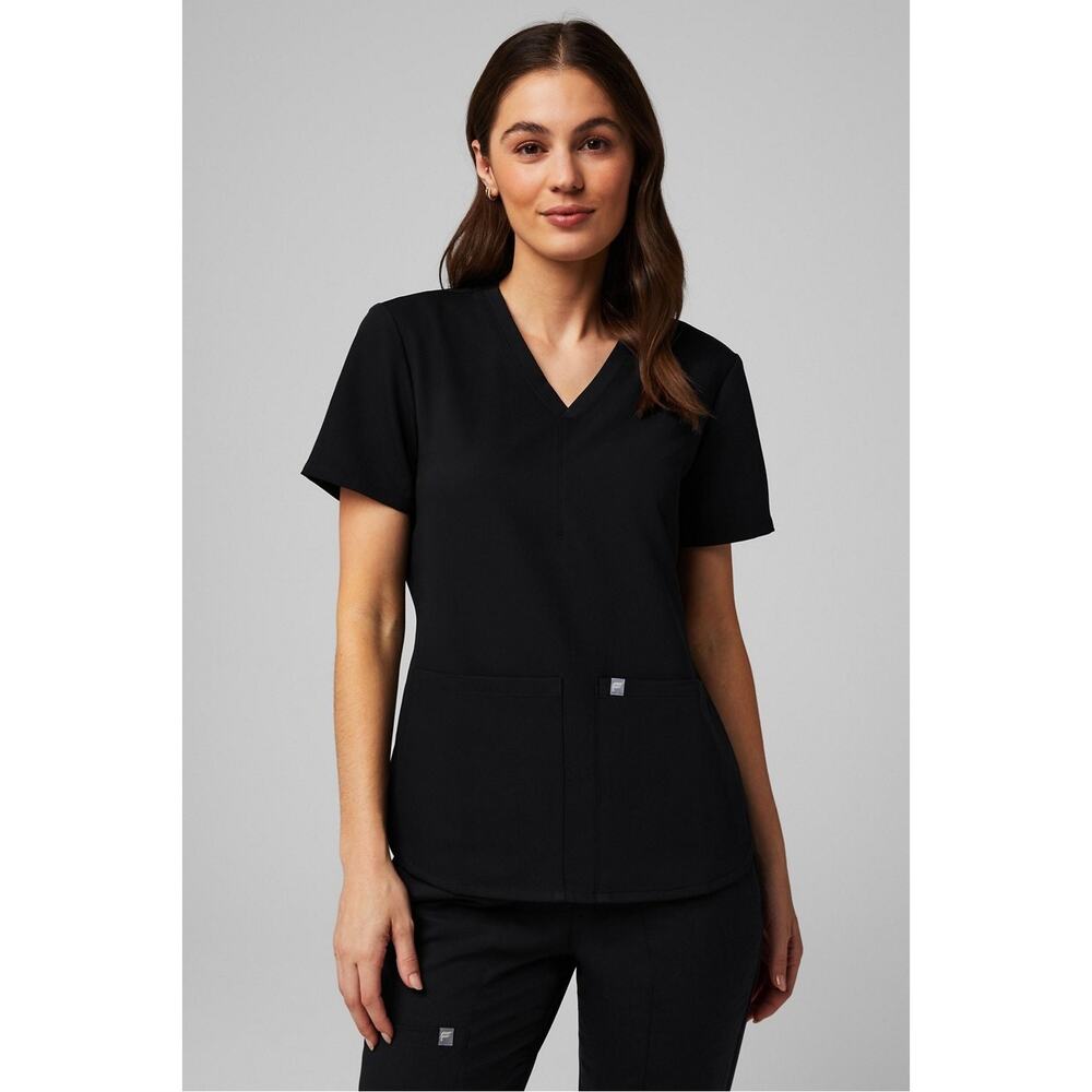 NEW Fabletics Method 2 Pocket Scrub Top Black XS Stretch Breathable Workwear